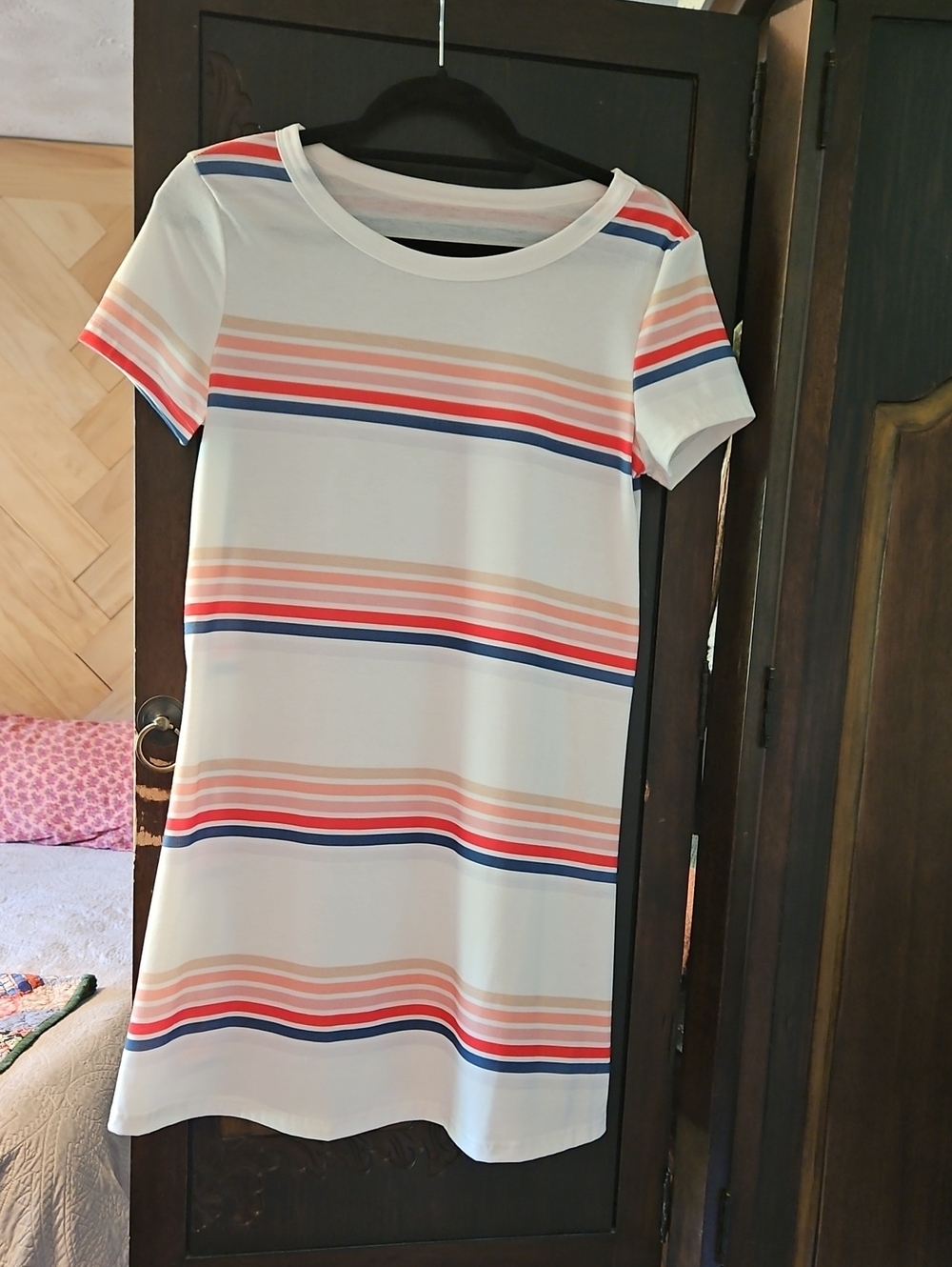 SHEIN White Short Sleeve Striped Shift Dress - Coral, Navy, Peach